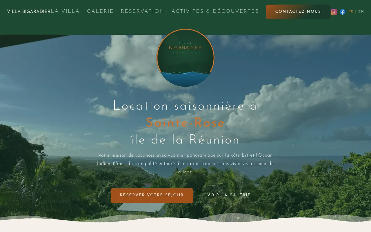 Capture de la page d'accueil — Site éco-conçu pour la Villa Bigaradier à Sainte-Rose