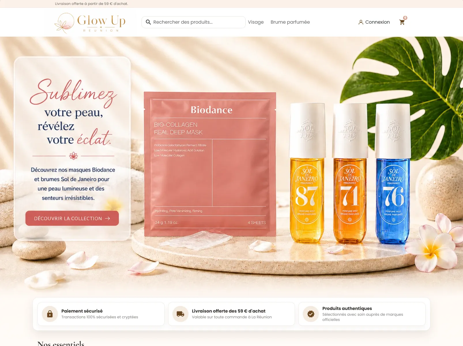 Capture de la page d'accueil — Glow Up Réunion — e-commerce beauté sur-mesure